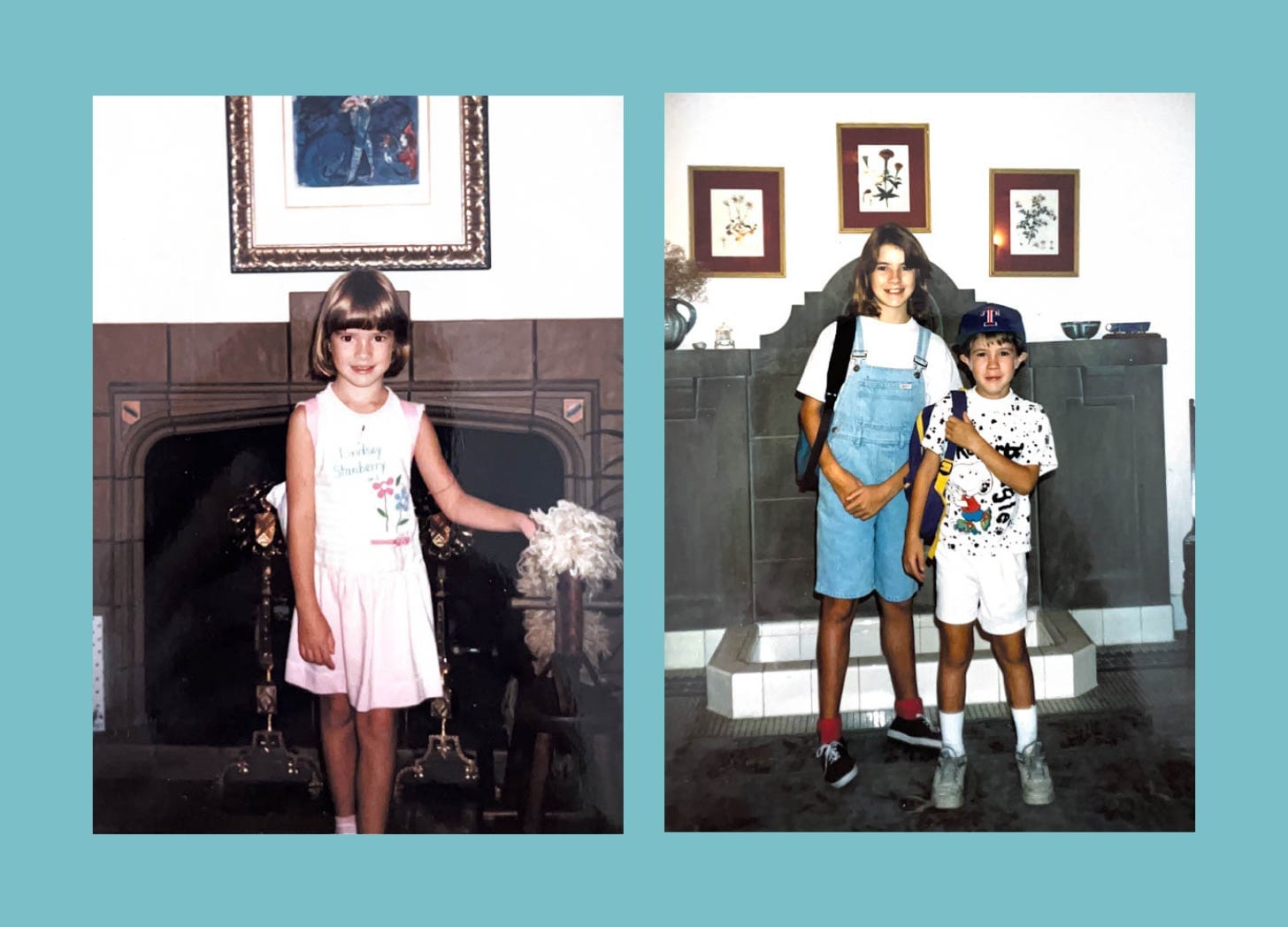 Two photos. On the left, a little girl standing in front of a fireplace. On the right, a boy and girl standing up with their backpacks